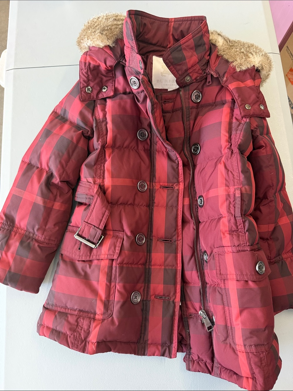 Burberry Kids Red Plaid Puffer Coat with Faux Fur Hood